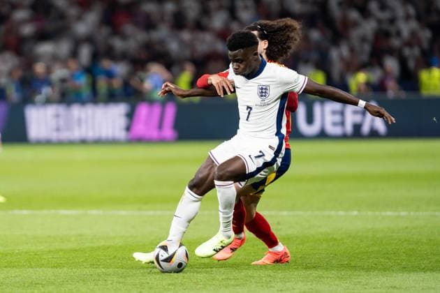 GER, Euro 2024, Final, Spain ESP vs England GBR 14 07 2024, Olympiastadion Berlin, Berlin, GER, Euro 2024, Final, Spain ESP vs England GBR In the picture duel between Bukayo Saka England GBR, 7 and Marc Cucurella Spain Spain ESP, 24 nordphotoxGmbHxx xChristianxSchulze nph000300