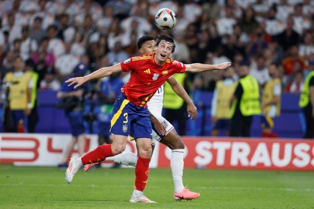 Spain v England: Final - UEFA EURO, EM, Europameisterschaft,Fussball 2024 Robin Le Normand of Spain and Ollie Watkins of England challenge during the UEFA EURO 2024 final match between Spain and England at Olympiastadion on July 14, 2024 in Berlin, Germany. Berlin Olympiastadion Germany Germany Copyright: xRichardxSellers Sportsphoto APLx 14045717
