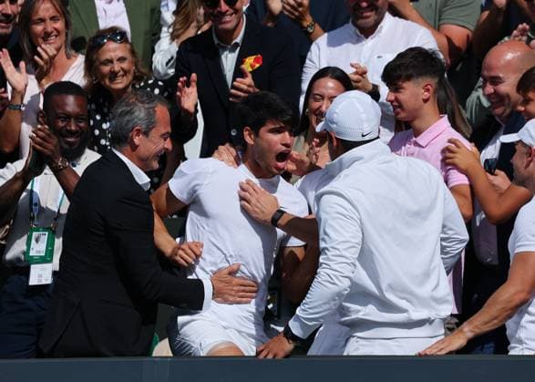 14th July 2024; All England Lawn Tennis and Croquet Club, London, England; Wimbledon Tennis Tournament, Day 14; Carlos Alcaraz (ESP) celebrates with his coaching staff after defeating Novak Djokovic (SRB), Gentlemens Singles Final  ActionPlus12668161 JohnxPatrickxFletcher