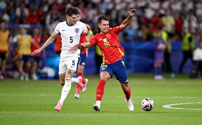Football Euro 2024 Final 14 07 2024 Spain England John Stones left, England v Martin Zubimendi right, Spain