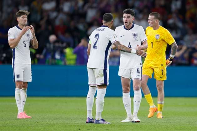 Spain v England: Final - UEFA EURO, EM, Europameisterschaft,Fussball 2024 John Stones. Kyle Walker and Declan Rice look dejected during the UEFA EURO 2024 final match between Spain and England at Olympiastadion on July 14, 2024 in Berlin, Germany. Berlin Olympiastadion Germany Germany Copyright: xRichardxSellers Sportsphoto APLx 14045740