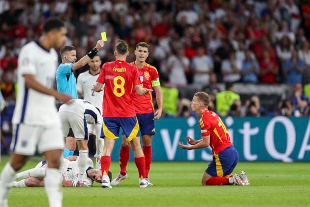 Spain v England Spain Forward Dani Olmo Leipzig booked yellow card during the Spain v England UEFA EURO, EM, Europameisterschaft,Fussball 2024 Final at the Olympiastadion Stadium, Berlin, Germany on 14 July 2024 Editorial use only. All images are copyright Every Second Media Limited. No images may be reproduced without prior permission. Copyright: xIMAGO EveryxSecondxMediax ESM-1060-0162