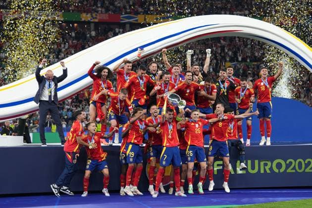 Spain is European Champion, Alvaro Morata Spain Spain, 07 lifts the Henri Delaunay Cup Berlin 14 07 2024 Spain vs England, M51, EURO2024 Final, Olympiastadion Berlin