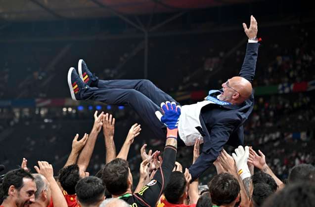 14 07 2024, Football UEFA EURO 2024, Final at Berlin Olympic Stadium, Spain England, Coach Luis de la Fuente Spain is thrown into the air