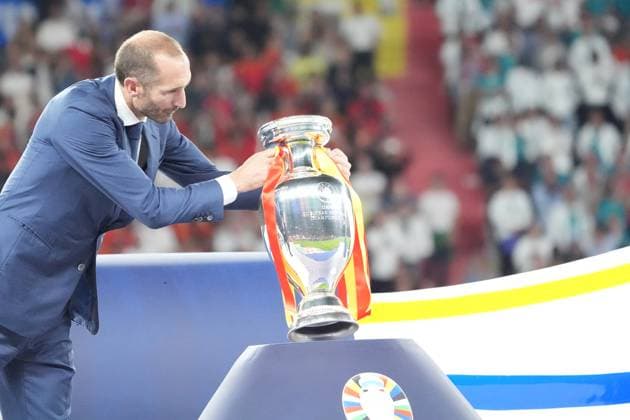 UEFA President Aleksandar Ceferin places the Henri Delaunay Cup Berlin 14 07 2024 Spain vs England, M51, EURO2024 Final, Olympiastadion Berlin