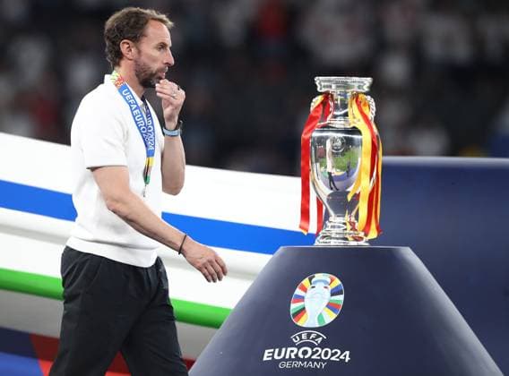 14 07 2024, xtgx, Football EM 2024 Final, Spain England emspor, v l Coach Head Coach Gareth Southgate England disappointed, disappointed looking, dissapointed runs past the cup UEFA REGULATIONS PROHIBIT ANY USE OF PHOTOGRAPHS as IMAGE SEQUENCES and or QUASI VIDEO Berlin
