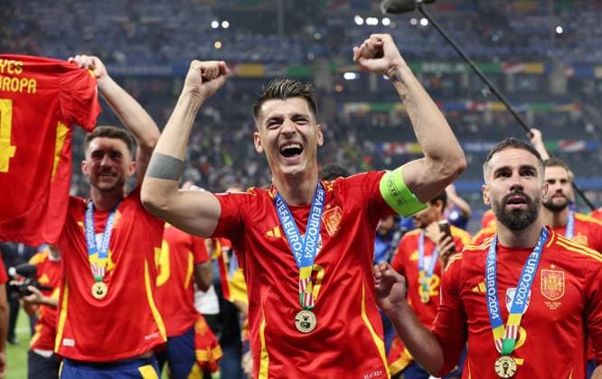 Alvaro Morata, Spain celebrates European Championship jubilation after European Championship victory Sport Football European Championship Euro 2024 European Championship Final Men Season 2023 2024 14 07 2024 Spain ESP vs England ENG in Berlin Olympiastadion DFL regulations prohibit any use of photographs as image sequences and or quasi video