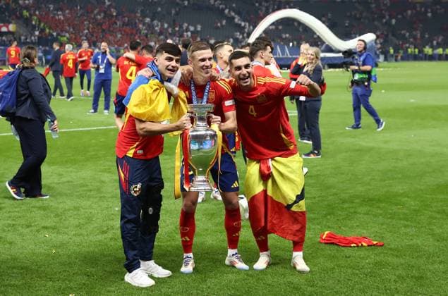 14 07 2024, xtgx, Football EM 2024 Final, Spain England emspor, v l Daniel Olmo Carvajal Spain , Jose Ignacio Fernandez Iglesias Nacho Spain with EM Cup UEFA REGULATIONS PROHIBIT ANY USE OF PHOTOGRAPHS as IMAGE SEQUENCES and or QUASI VIDEO Berlin
