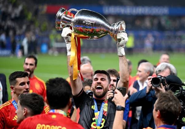 Football Euro 2024 Final 14 07 2024 Spain England CHEERS Spain with European Championship trophy Goalkeeper Unai Simon