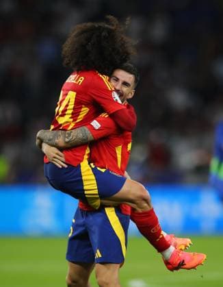 Spain v England, Berlin, UK - 14 Jul 2024 Marc Cucurella and Alex Baena of Spain celebrate after the UEFA EURO, EM, Europameisterschaft,Fussball 2024 Final match between Spain and England at Olympistadion, Berlin on 14 July 2024 ( Berlin Olympistadion Berlin Germany Copyright: xMicahxCrook PPAUKx PPA-123600