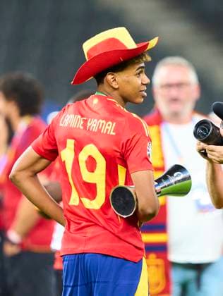 Lamine Yamal, ESP 19 with best player of the tournament trophy at the ceremony after the final match SPAIN - ENGLAND 2-1 of the UEFA European Championships 2024 on Jul 14, 2024 in Berlin, Germany.