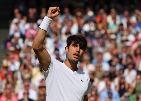14th July 2024; All England Lawn Tennis and Croquet Club, London, England; Wimbledon Tennis Tournament, Day 14; Carlos Alcaraz (ESP) celebrates towards the spectators as he wins the Gentlemens Singles Final  ActionPlus12668213 JohnxPatrickxFletcher