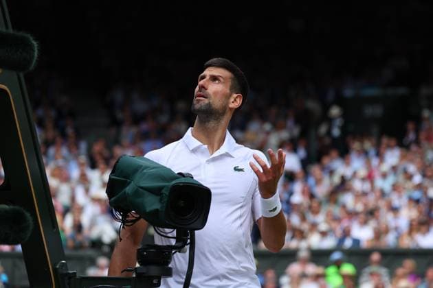 14th July 2024; All England Lawn Tennis and Croquet Club, London, England; Wimbledon Tennis Tournament, Day 14; Novak Djokovic (SRB) complaining to the Umpire about fans of Carlos Alcaraz (ESP) distracting him, Gentlemens Singles Final  ActionPlus12668222 JohnxPatrickxFletcher