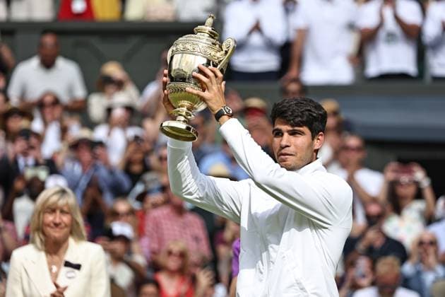 Carlos Alcaraz, ESP, after final of 2024 All England Lawn Tennis Championships at Wimbledon, gentlemens singles, London, 14 07 2024