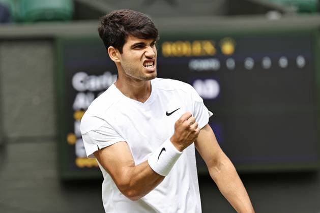 Carlos Alcaraz, ESP, during final of 2024 All England Lawn Tennis Championships at Wimbledon, gentlemens singles, London, 14 07 2024