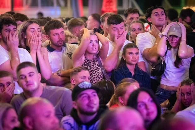 July 14, 2024, Manchester, United Kingdom: Emotions run high during the England Euro 2024 Final match at Freight Island. Thousands of supporters fill fan zones across the country to watch the big game, which sees England take on Spain. Manchester United, ManU Kingdom - ZUMAs197 20240714_aaa_s197_122 Copyright: xAndyxBartonx