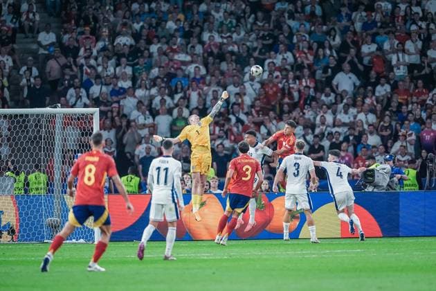 EURO 2024 - Final: Spain vs. England Jordan Pickford makes a save during the EURO 2024 Final match between Spain and England on 14 July 2024, at Olympic Stadium Berlin, in Berlin, Germany Berlin Olympic Stadium Berlin Germany Copyright: xAlexandraxFechetex DSC09666