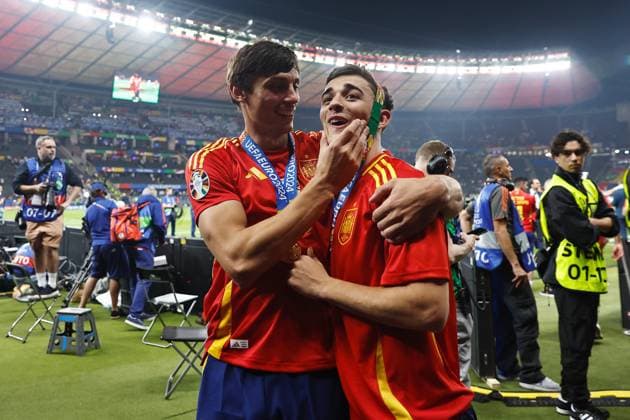 (L-R) Robin Le Normand, Gavi (ESP), JULY 14, 2024 - Football Soccer : Le Normand and Gavi celebrate after winning UEFA European Championship, EM, Europameisterschaft Germany 2024 final match between Spain 2-1 England at the Olympiastadion in Berlin, Germany. Noxthirdxpartyxsales  (259666850)