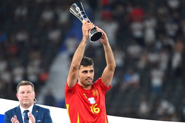 RODRI ESP with trophy,Cup,Trophy for the Player of the Tournament FINAL Spain ESP England ENG 2 1 on 14 07 2024, Olympiastadion Berlin Football UEFA EURO 2024 GERMANY from 14 06 2024 14 07 2024