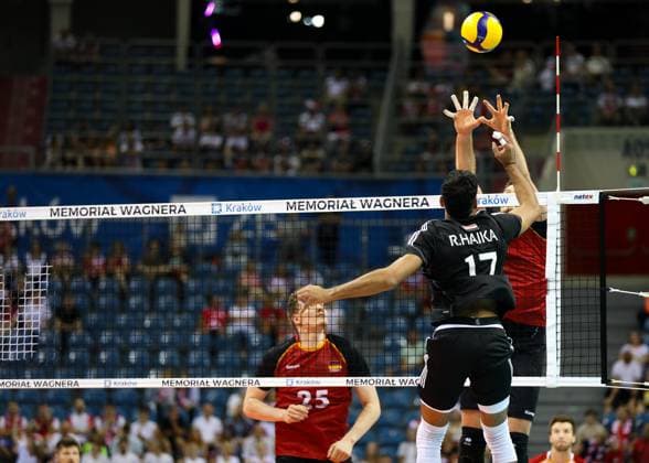XXI Memorial Of Hubert Jerzy Wagner In Krakow Germany (red) is playing against Egypt (black) in a volleyball match at Tauron Arena Krakow during the 21st Hubert Jerzy Wagner Memorial in Krakow, Poland, on July 14, 2024. The Hubert Jerzy Wagner Memorial is one of the largest and most prestigious friendly volleyball tournaments in the world. The annual international tournament is dedicated to the memory of the most outstanding volleyball coach in the history of our country, Hubert Jerzy Wagner. Krakow Poland  Copyright: xKlaudiaxRadeckax originalFilename:radecka-xximemor240714_np4mt.jpg