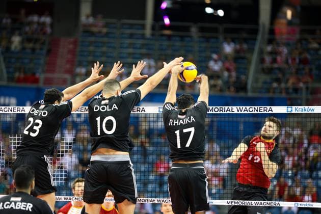 XXI Memorial Of Hubert Jerzy Wagner In Krakow Germany (red) is playing against Egypt (black) in a volleyball match at Tauron Arena Krakow during the 21st Hubert Jerzy Wagner Memorial in Krakow, Poland, on July 14, 2024. The Hubert Jerzy Wagner Memorial is one of the largest and most prestigious friendly volleyball tournaments in the world. The annual international tournament is dedicated to the memory of the most outstanding volleyball coach in the history of our country, Hubert Jerzy Wagner. Krakow Poland  Copyright: xKlaudiaxRadeckax originalFilename:radecka-xximemor240714_npu1I.jpg