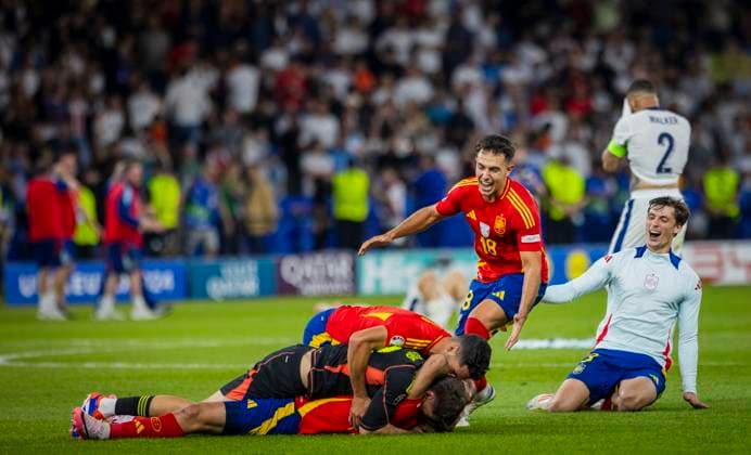 Berlin, Germany 14th Jul 2024 Final jubilation Unai Simon ESP Rodri ESP Martin Zubimendi ESP Robin Le Normand ESP Spain England Spain England 14 07 2024