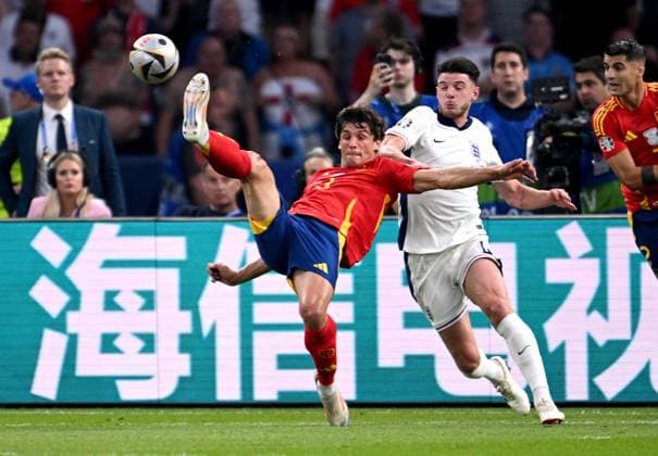Football Euro 2024 Final 14 07 2024 Spain England Robin Le Normand left, Spain v Declan Rice right, England