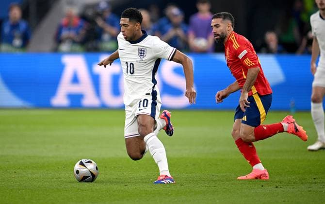 Football Euro 2024 Final 14 07 2024 Spain England Jude Bellingham left, England v Dani Carvajal right, Spain