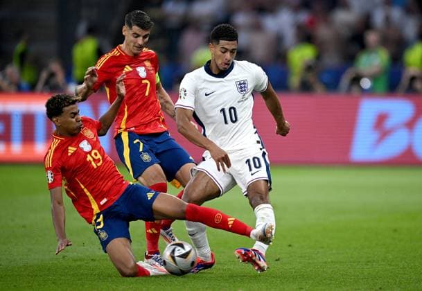 Football Euro 2024 Final 14 07 2024 Spain England Lamine Yamal left, Spain v Alvaro Morata center, Spain v Jude Bellingham right, England