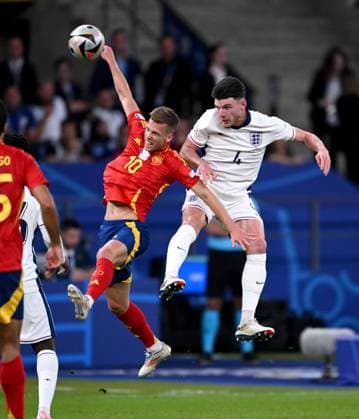 Football Euro 2024 Final 14 07 2024 Spain England Dani Olmo left, Spain v Declan Rice right, England