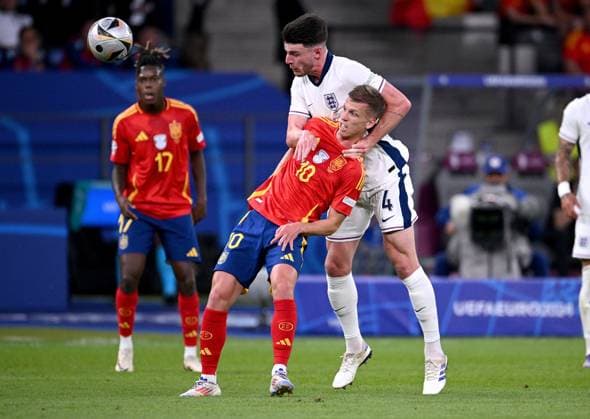 Football Euro 2024 Final 14 07 2024 Spain England Dani Olmo left, Spain v Declan Rice right, England