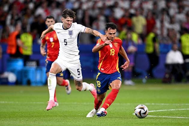 Football Euro 2024 Final 14 07 2024 Spain England John Stones left, England v Martin Zubimendi right, Spain