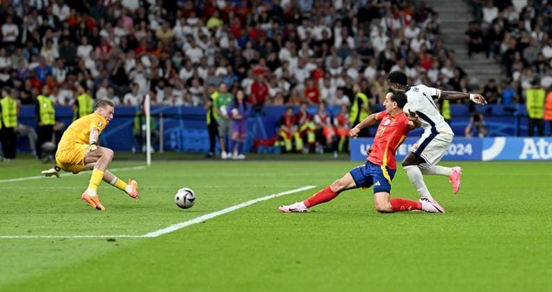 Football Euro 2024 Final 14 07 2024 Spain England Goal for 2 1 by goal scorer Mikel Oyarzabal center, Spain against goalkeeper Jordan Pickford left, England and Marc Guehi right, England