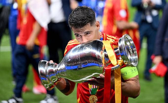 Football Euro 2024 Final 14 07 2024 Spain England CHEERS Spain with European Championship trophy Alvaro Morata