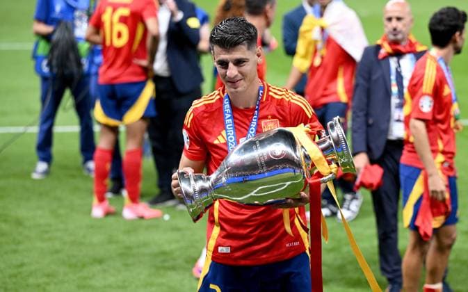 Football Euro 2024 Final 14 07 2024 Spain England CHEERS Spain with European Championship trophy Alvaro Morata