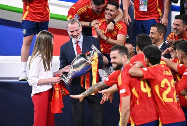 Football Euro 2024 Final 14 07 2024 Spain England CELEBRATION Winner European Champion Spain King of Spain, Felipe VI center with European Championship trophy and daughter Sofia left and the Spanish team
