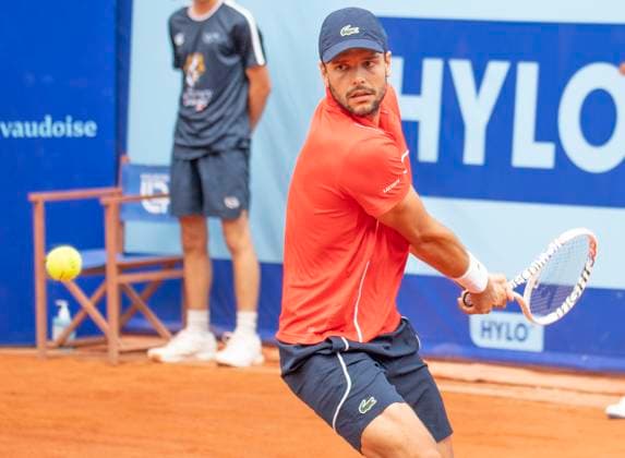 July 15, 2024, Gstaad, Bern, Switzerland: Gstaad Switzerland, 07 15 2024: GREGOIRE BARRERE of France do a backhand during 16th finals of EFG Swiss Open Gstaad ATP, Tennis Herren 250, EFG Swiss Open Gstaad-ATP 250 took place at Roy Emerson Arena in Gstaad, which is located in the famous ski resort of Gstaad and which is located in the Bernese Oberland. Gstaad Switzerland - ZUMAd206 20240715_zip_d206_014 Copyright: xEricxDubostx