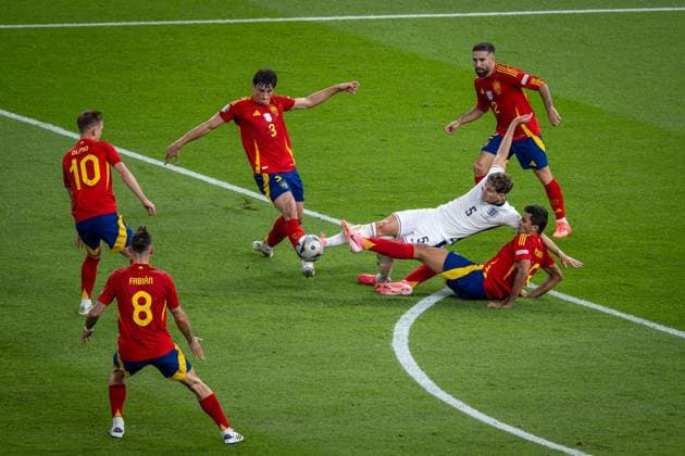 Football Berlin 14 07 2024 UEFA Euro 2024 Final England ENG Spain ESP John Stones England, No 05 Robin Le Normand Spain, No 03 Rodri Spain, No 16 Dani Olmo Spain, No 10 Dani Carvajal Spain, TW, No 02 Fabian Ruiz Spain, No 08
