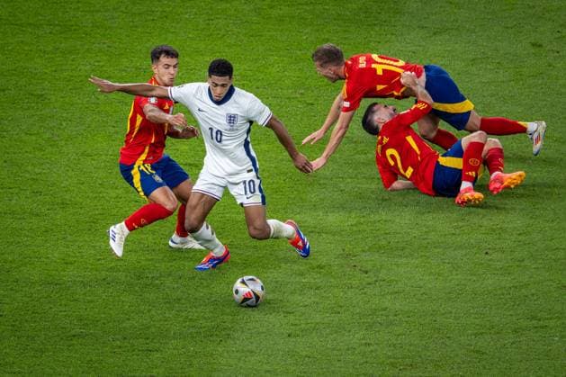 Football Berlin 14 07 2024 UEFA Euro 2024 Final England ENG Spain ESP Jude Bellingham England, No 10 Martin Zubimendi Spain, No 18 Dani Olmo Spain, No 10 Dani Carvajal Spain, TW, No 02