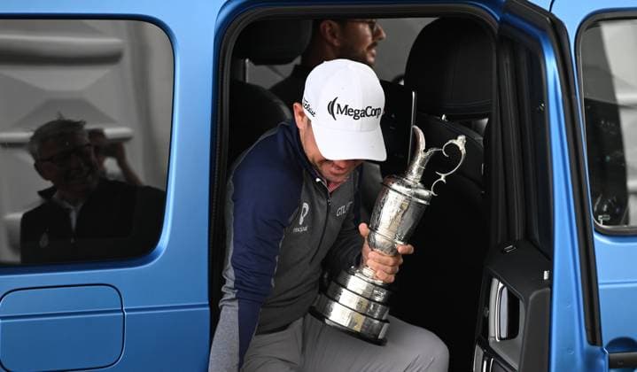 Brian Harman returns the Claret Jug to Martin Slumbers, the Chief Executive of The R&A and Secretary of The Royal and Ancient Golf Club The British Open Championship, Practice, Golf, Royal Troon, Troon, UK - 15 July 2024  Copyright: xGreigxCowie Shutterstockx 14587379aj