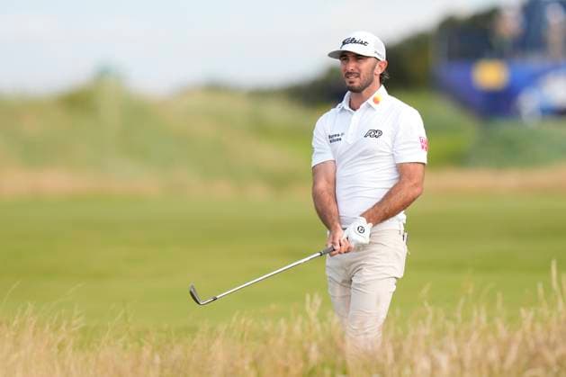 15th July 2024; Royal Troon Golf Club, Troon, South Ayrshire, Scotland; The Open Championship Practice Day; Max Homa watches his ball flight to the green on the first hole  ActionPlus12668451 StevenxFlynn