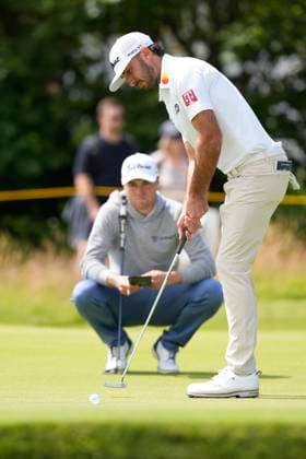 15th July 2024; Royal Troon Golf Club, Troon, South Ayrshire, Scotland; The Open Championship Practice Day; Justin Thomas watches as Max Homa putts on the sixteenth green  ActionPlus12668516 StevenxFlynn