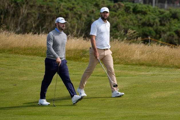 15th July 2024; Royal Troon Golf Club, Troon, South Ayrshire, Scotland; The Open Championship Practice Day; Patrick Cantlay and Scottie Scheffler walk down the 12th fairway  ActionPlus12668501 StevenxFlynn