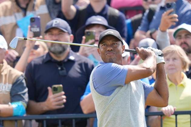 15th July 2024; Royal Troon Golf Club, Troon, South Ayrshire, Scotland; The Open Championship Practice Day; Tiger Woods plays his tee shot on the seventeenth  ActionPlus12668522 StevenxFlynn