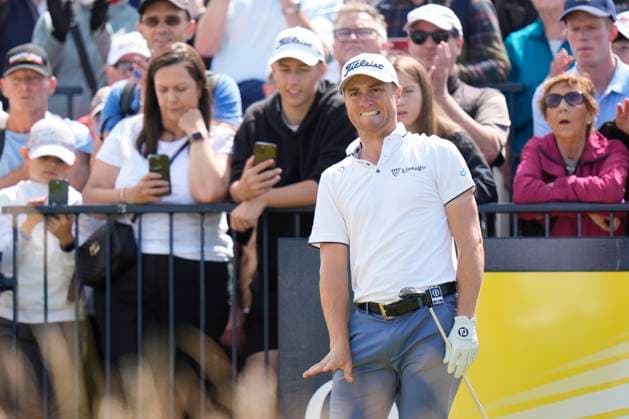15th July 2024; Royal Troon Golf Club, Troon, South Ayrshire, Scotland; The Open Championship Practice Day; Justin Thomas gestures to his ball as he plays his tee shot on the seventeenth  ActionPlus12668526 StevenxFlynn