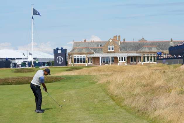 15th July 2024; Royal Troon Golf Club, Troon, South Ayrshire, Scotland; The Open Championship Practice Day; Tiger Woods plays his second shot to the 18th green  ActionPlus12668536 StevenxFlynn