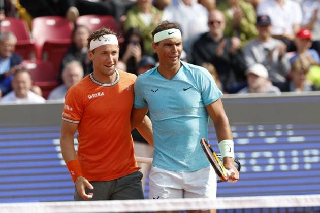 BASTAD, SWEDEN 20240715 Casper Ruud NOR and Rafael Nadal ESP happy after winning the doubles match against Guido Andreozzi ARG and Miguel Reyes Varela MEX in doubles during the Nordea Open in Bastad on Monday BASTAD SWEDEN x9200x  Copyright: xAdamxIhse TTx NORDEA OPEN BASTAD