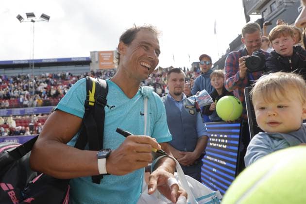 BASTAD, SWEDEN 20240715 Rafael Nadal, Spain, signs autographs after winning the doubles match with Casper Ruud, Norway, during the Nordea Open in Bastad on Monday BASTAD SWEDEN x9200x  Copyright: xAdamxIhse TTx NORDEA OPEN BASTAD