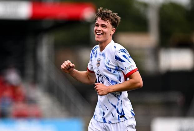 240715 Daniel Braut of Norway celebrates after scoring his side s first goal during the UEFA European Under 19 Championship group stage football match between Italy and Norway on July 15, 2024 in Belfast Photo Ben McShane BILDBYRAN Cop 275 SPF002 bbeng fotboll football soccer uefa european under 19 championship euro under 19 u19 em u19 norway italia italy italy  Copyright: SPORTSFILE BB240715BB506