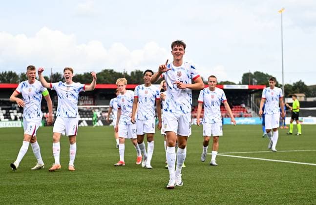 240715 Daniel Braut of Norway celebrates after scoring his side s first goal during the UEFA European Under 19 Championship group stage football match between Italy and Norway on July 15, 2024 in Belfast Photo Ben McShane BILDBYRAN Cop 275 SPF002 bbeng fotboll football soccer uefa european under 19 championship euro under 19 u19 em u19 norway italia italy italy  Copyright: SPORTSFILE BB240715BB513